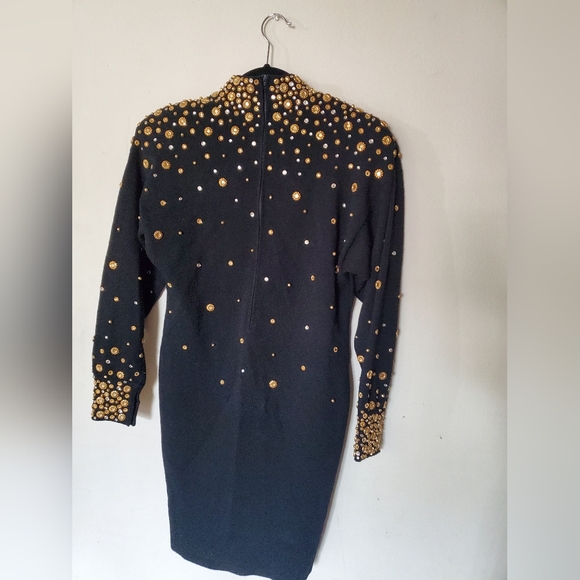 Vintage 80s Black Sweater Dress with Very Heavy beads!! Embellished - Picture 5 of 7
